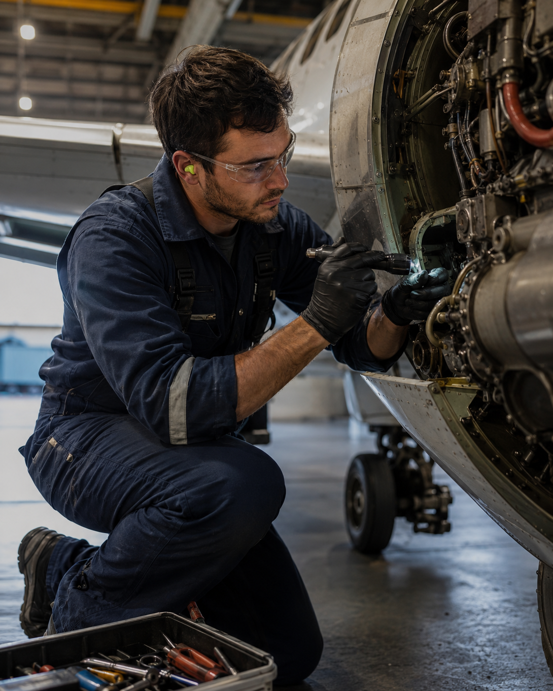 Aviation maintenance technician working on an aircraft in a hangar.