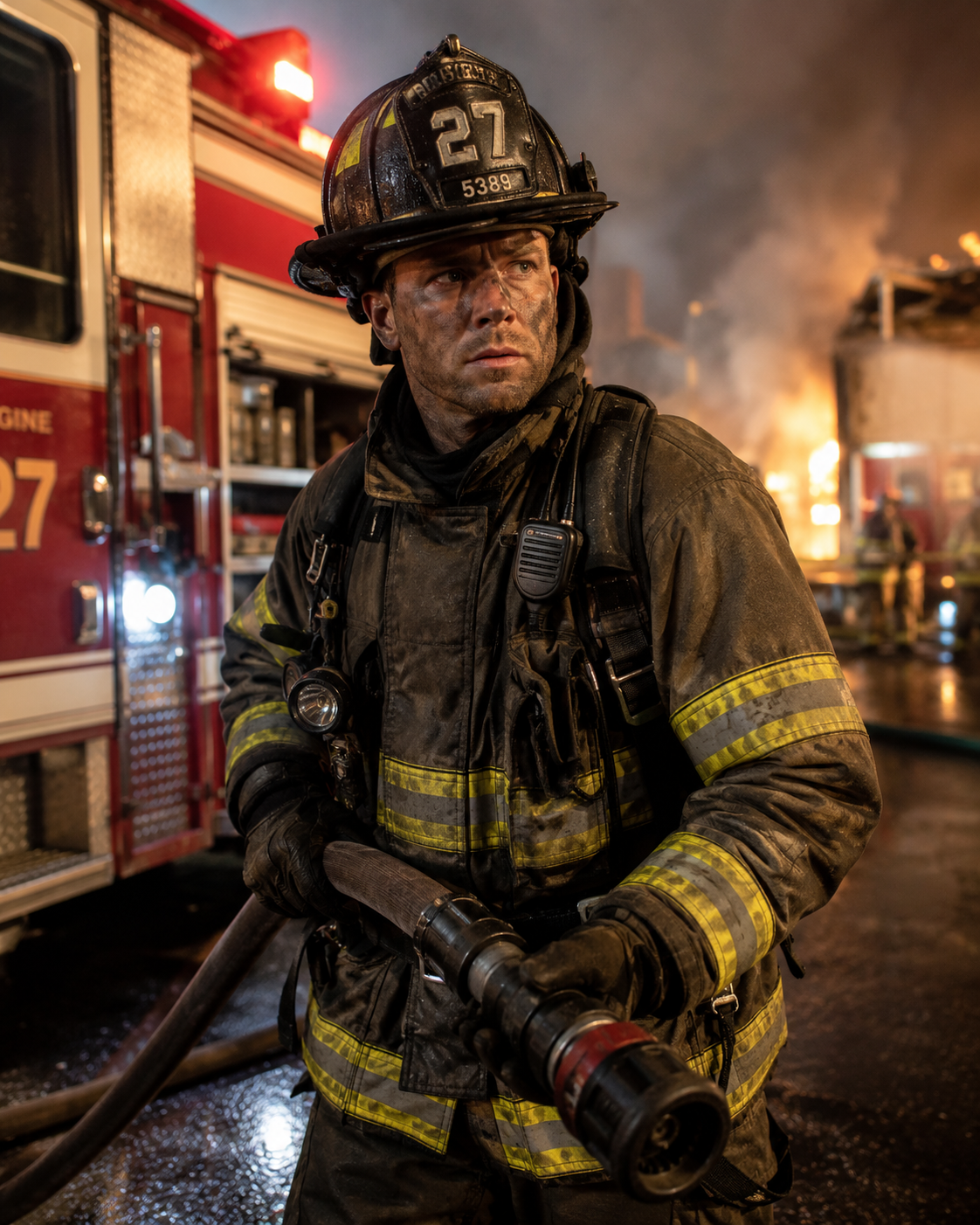 Firefighter in turnout gear working at an active emergency scene.